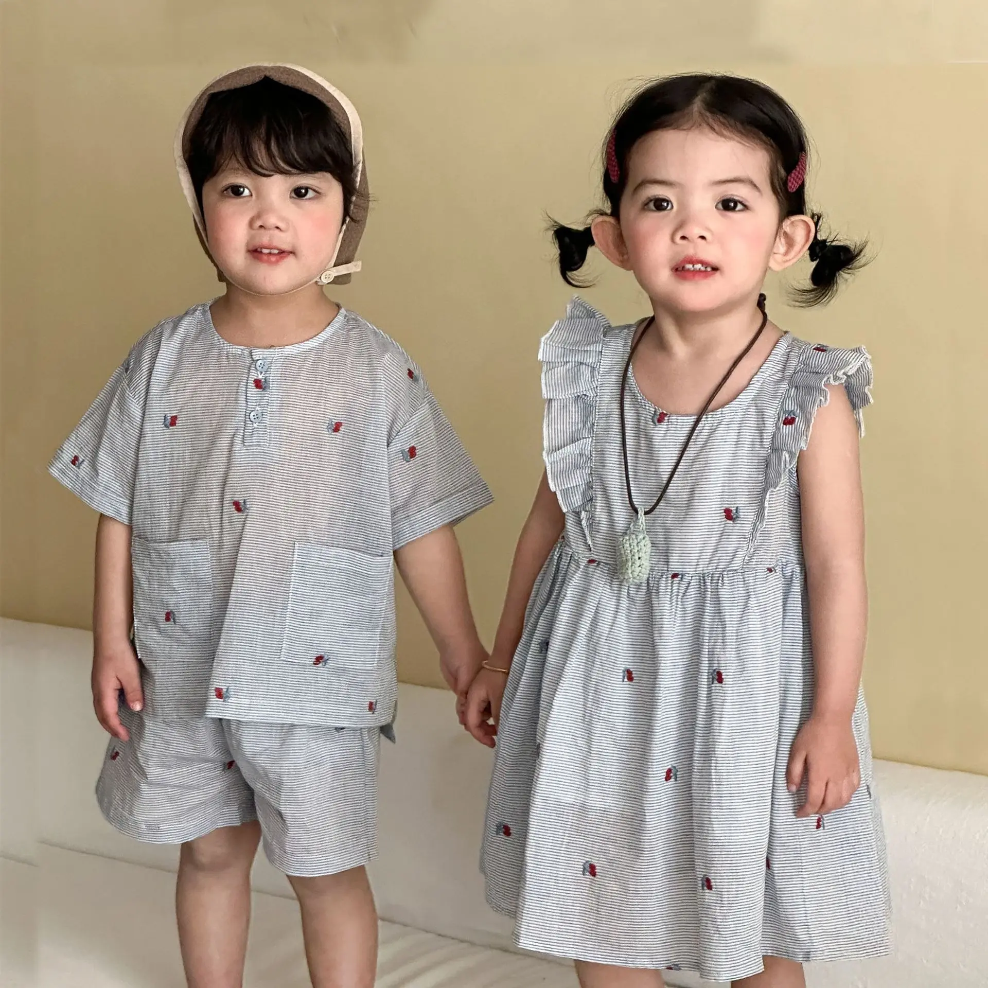 

RAISE Kids Brother Sister Matching Set Summer 2026 Fly Sleeve Girl Sundress Children Muslin Thin Top+shorts Baby Boy 2PCS Outfit