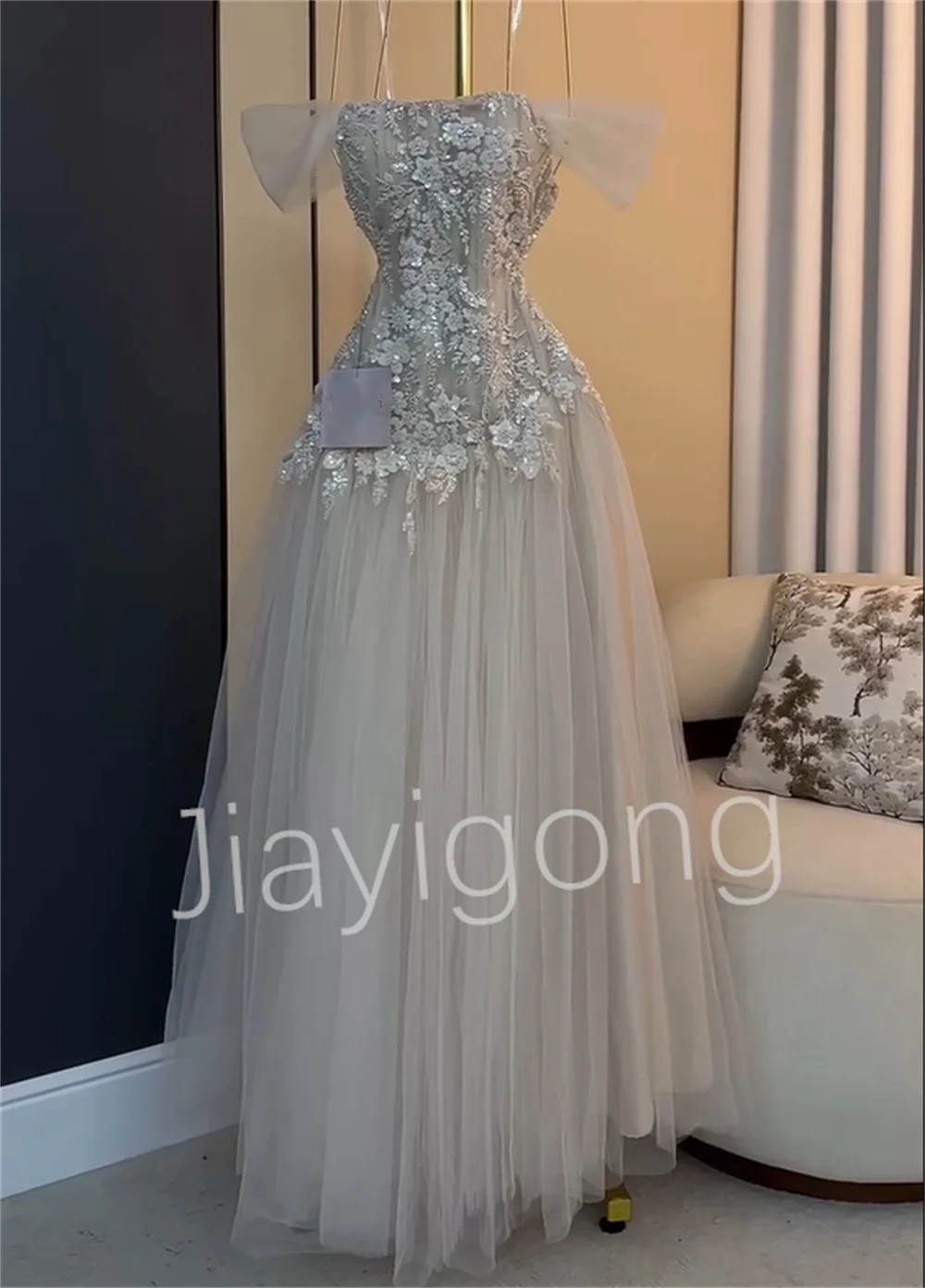 Customized Sparkle Tulle Pleat Sequined Flower A-line Off-the-shoulder Long Bespoke Occasion Prom Dresses High Quality