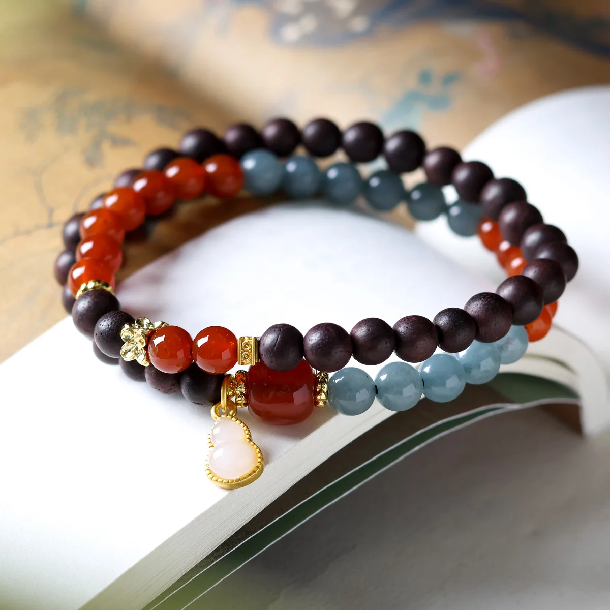 Dalbergia Odorifera Blue Water Jade Agate Bracelet: New Chinese Style Wooden Beaded Bracelet with Gourd Pendant, Women's Gift