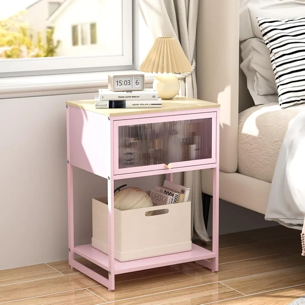 

Nightstand,End Tables with Storage Drawer,Bedside Table with Open Storage Shelf,Metal Side Table,Durable Wood Top Side Table