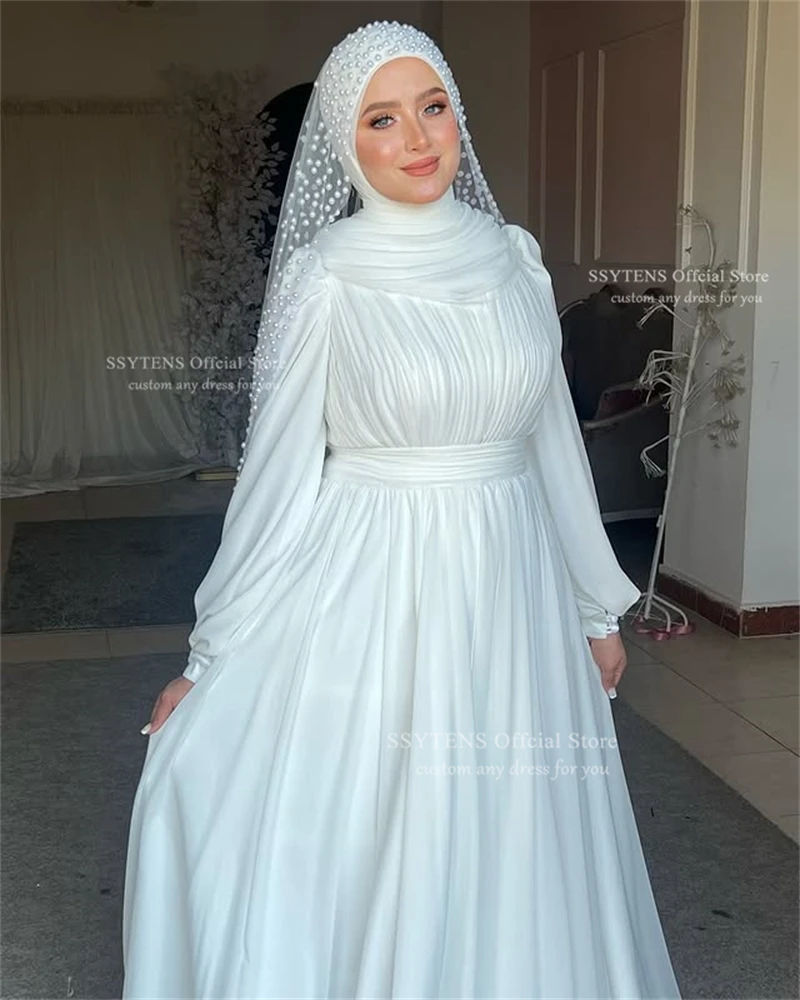 SSYTENS فساتين زفاف إسلامية بأكمام طويلة للعروس الحجاب رقبة عالية للنساء العربية دبي فساتين زفاف إسلامية بدون حجاب لؤلؤي #2