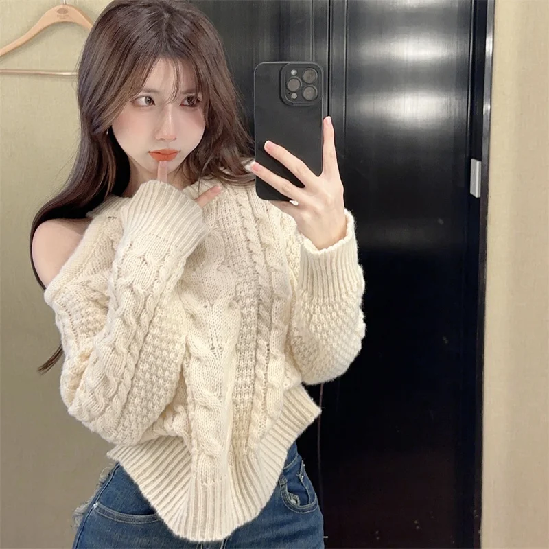 

Женский вязаный свитер с колючками Ele oulder, свободный длинный винтажный повседневный утягивающий топ для весеннего сезона