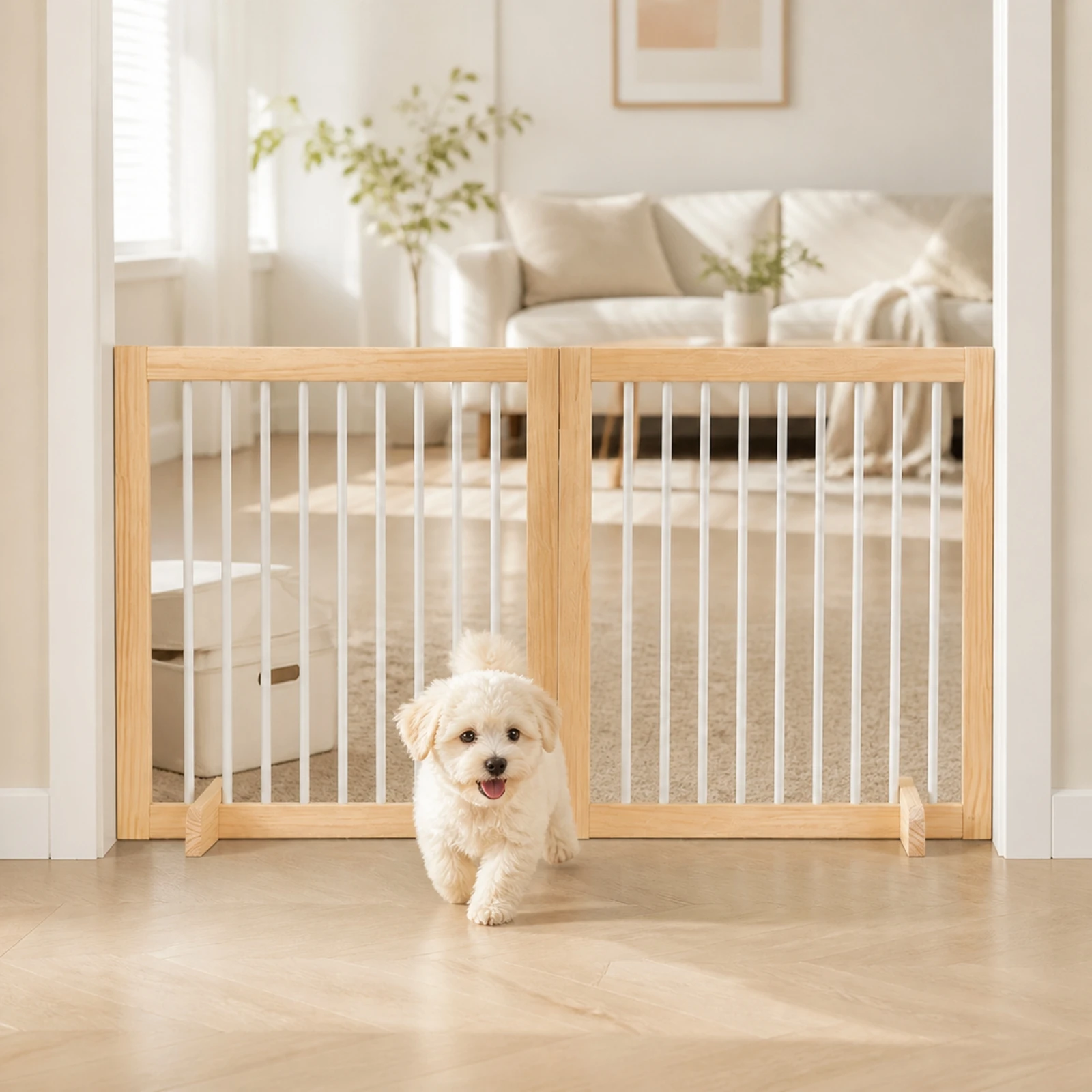 Foldable Wooden Pet Gate Space-Saving Wooden Pet Barrier with Stabilizing Wedges for Cat Owners, Indoor Home Use, Doorways