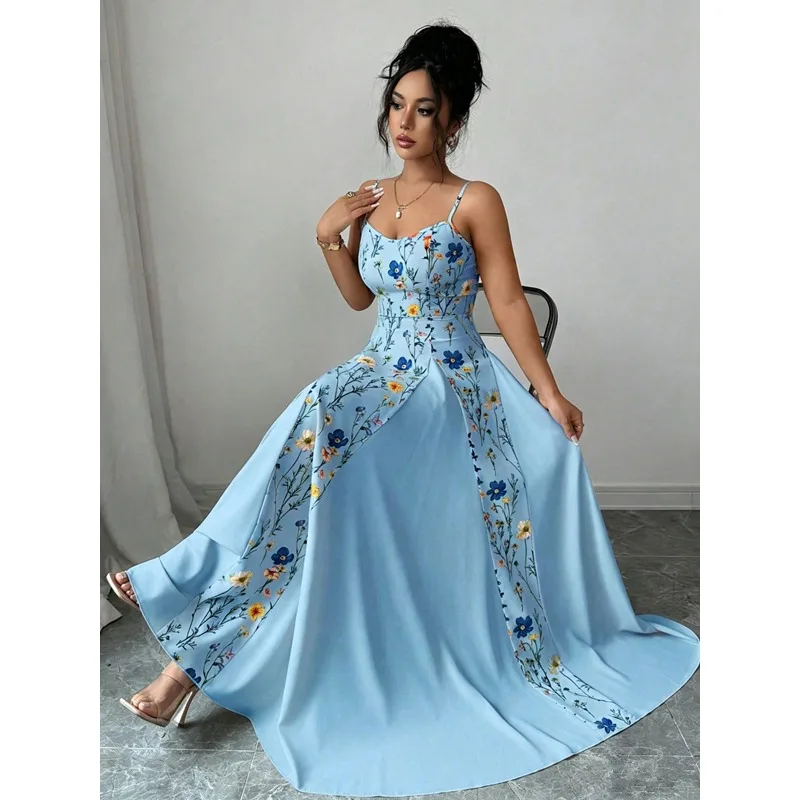 Elegantes Damen-Maxikleid mit Blumenmuster, Spaghettiträgern und Korsett, Fließendes A-Linien-Kleid für Sommer, Strand, Hochzeitsgäste und Urlaub – Detail 5