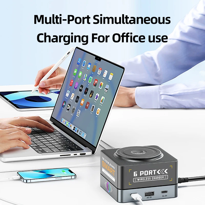 6 Ports Dekstop USB Charger Staion 15W Wireless Charging PD 65W QC3.0 Type C Fast Charger for iPhone Laptop Phone Tablet