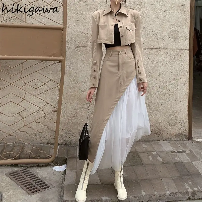 Fashion Two Piece Sets for Women Long Sleeve Temperament Crop Coat High Waist Patchwork Gauze Skirt Soutfits Casual Y2k Suit