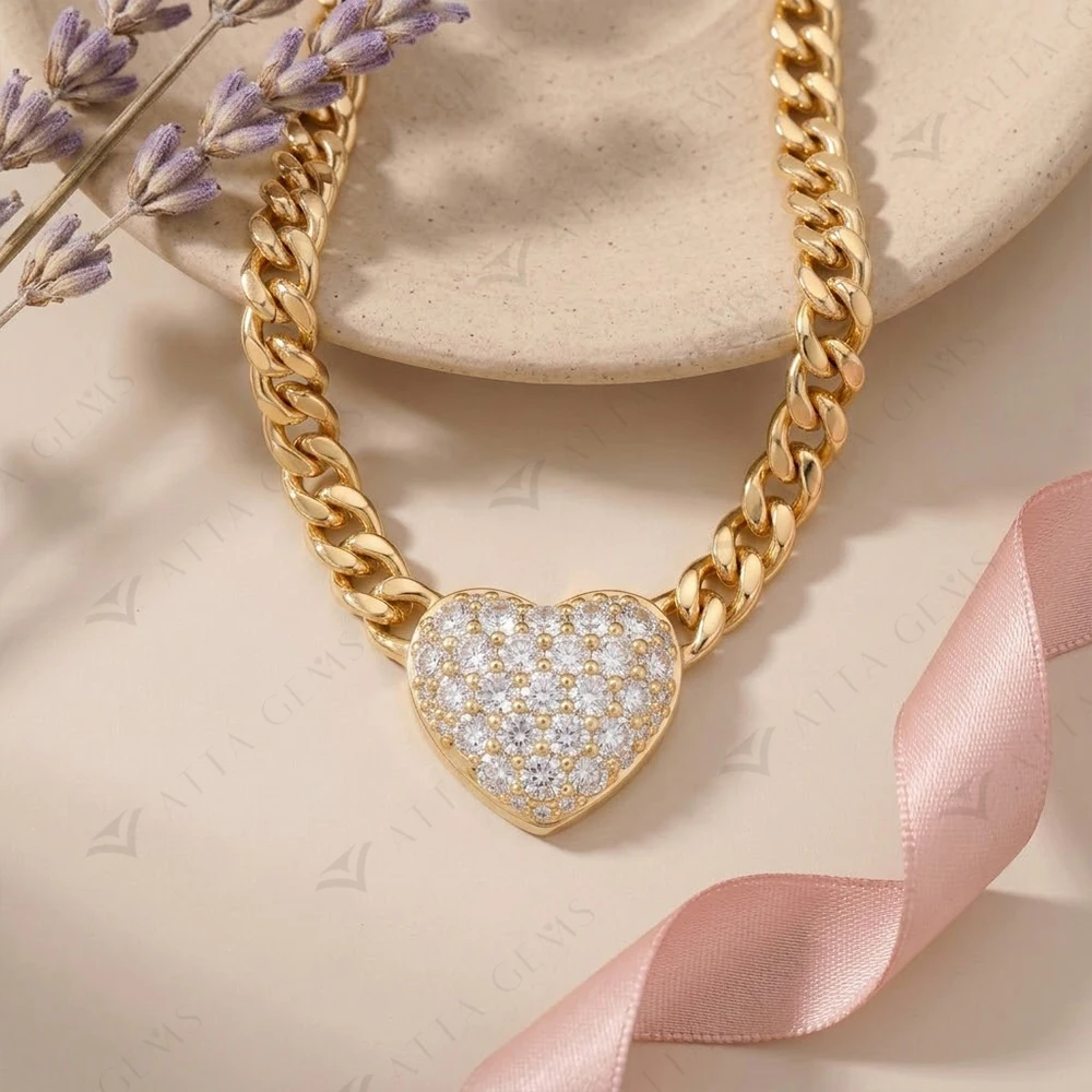 Attagems D Color VVS1 Full Pave Heart Moissanite Pendant Necklace Copper Cuban Chain Jewelry Gift For Women