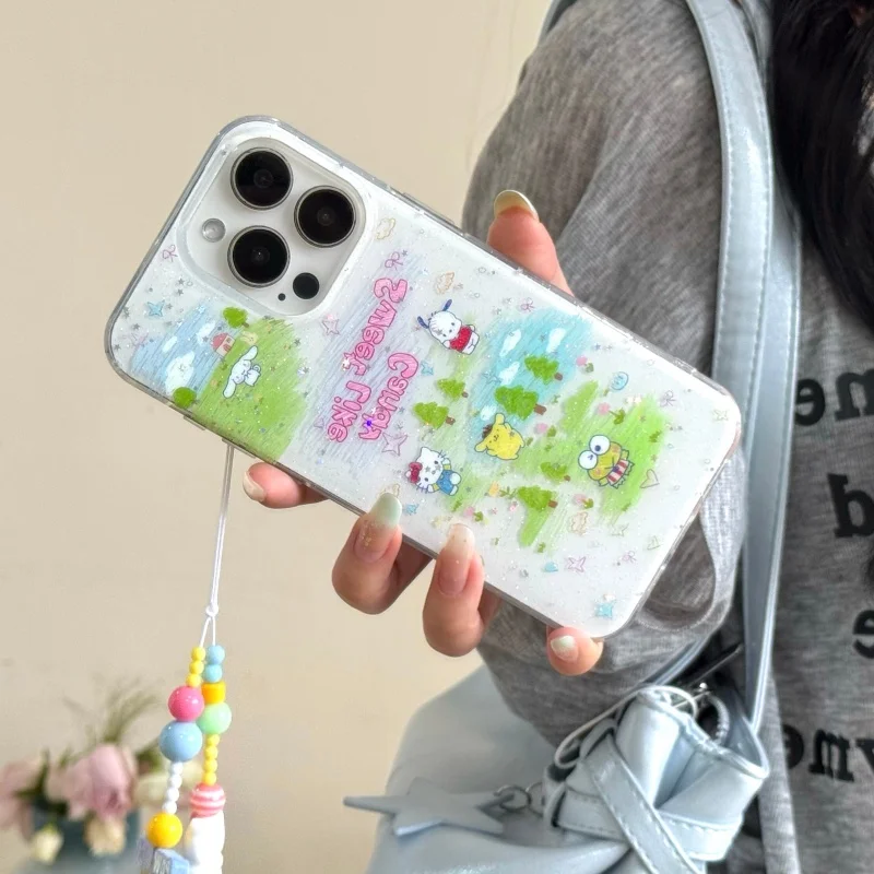 

Cute Sweet Like Candy Cinnamoroll Hello Kitty Cat Bling Glitte Phone Case For iPhone 13 14 15 16 Pro Max grassland cartoon Cover