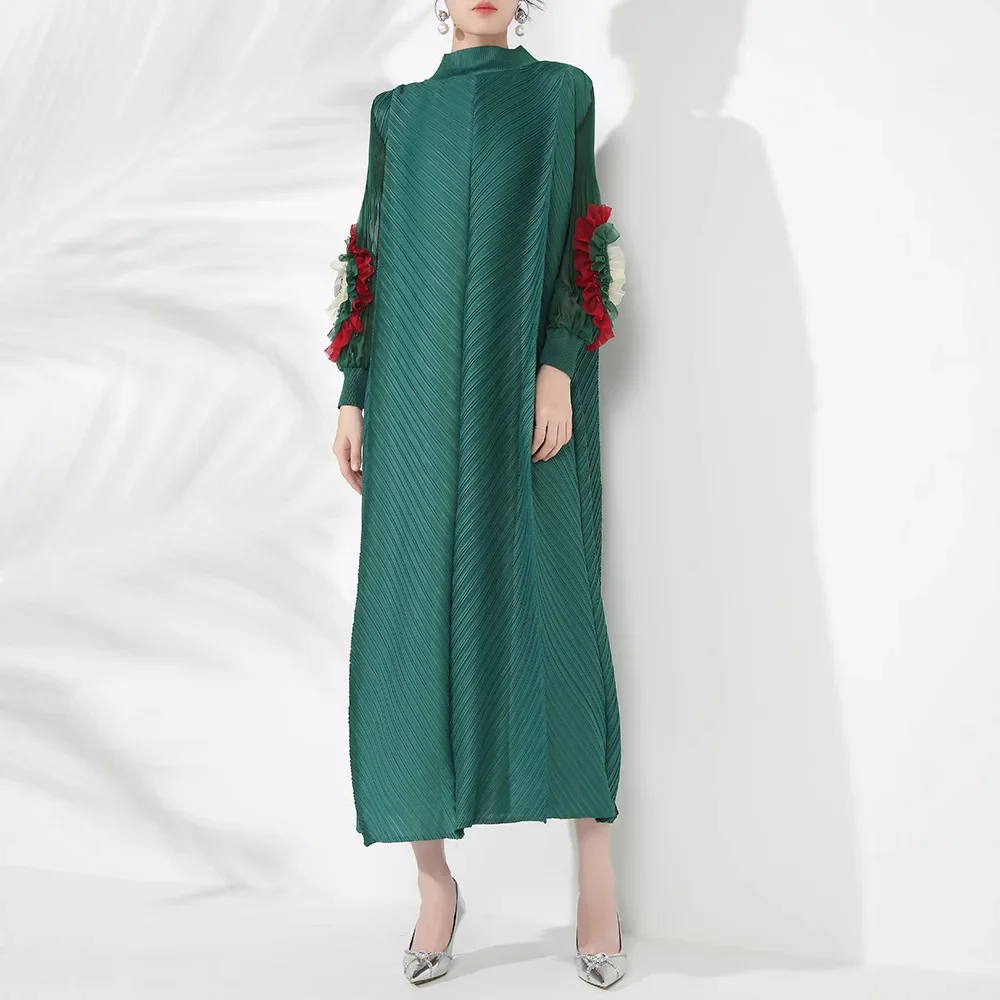 Women's dresses Miyake Pleated Fashion loose high neck lantern sleeve hand tray flower long dress