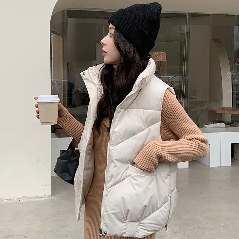 

2023 Women Warm Cotton Short Vests Elegant Simplicity Korean Fashion Thicken Coat Winter Female Casual Sleeveless Jacket