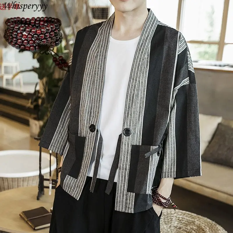 

Vintage Thin Loose Linen Hanfu Men Tops Summer Sunscreen Clothing Chinese Style Taoist Robe Kimono Cardigan Cotton Linen Jacket