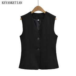 KEYANKETIAN 2024 nuovo lancio gilet nero sottile da donna moda estiva semplicemente dettaglio cucitura monopetto senza maniche gilet Top