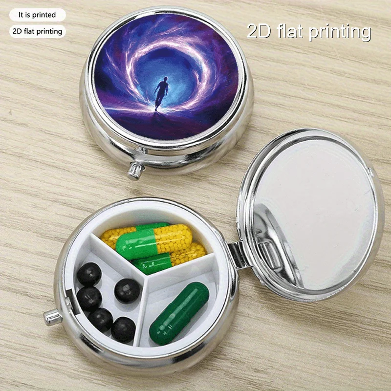 Time Traveler Printed Round Multi-Purpose Metal Box, 3-Layer Compact Portable Design, Suitable for Travel, Outdoor Sports, Vitamin Storage, Multi-Layer Storage Box, Organizer Box, Small Gift Collection Box, Printed Position May Vary