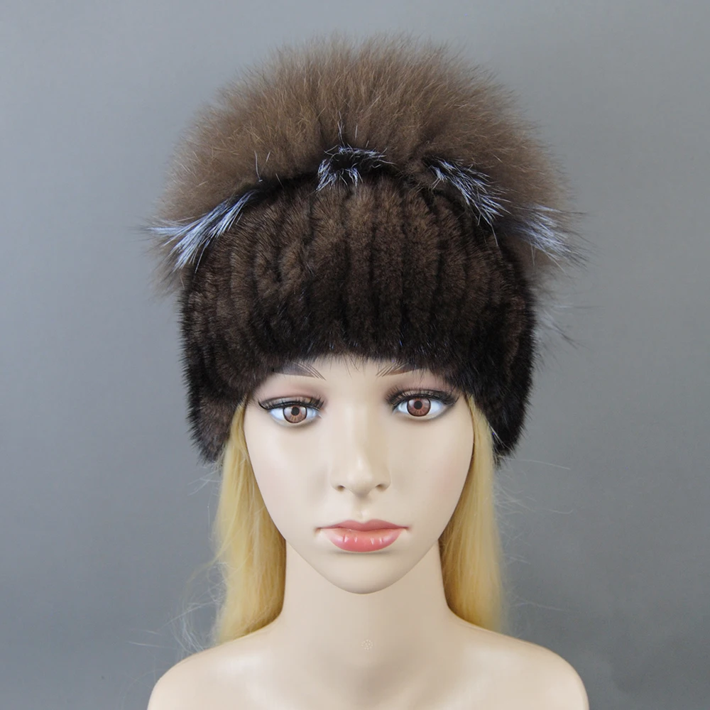 Fashion Real Mink Fur Hat For Winter Women Imported Knitted Mink Cap With Fox Fur New Hot Sale High Quality Women Beanies Hat