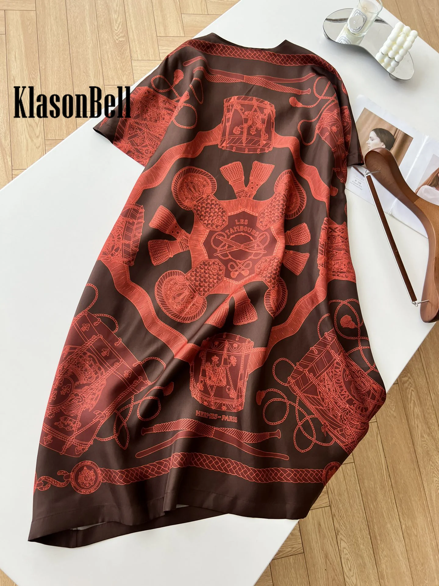 4.4 KlasonBell-Women\'s Geometric Pattern Print Short Sleeve Loose Silk Dress, Vintage Temperament Dress