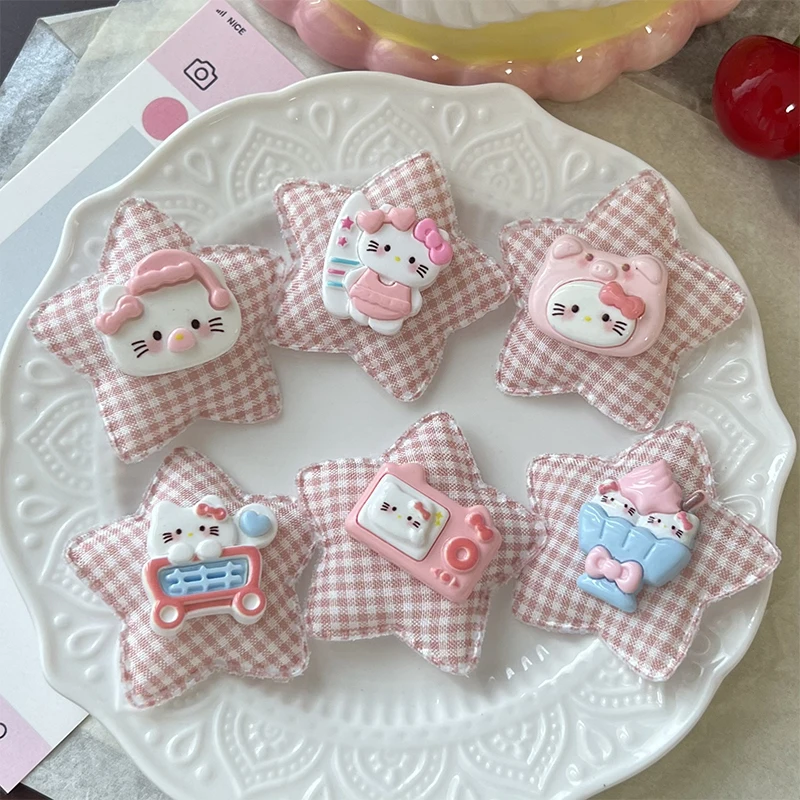 Cute Sanrio Hello Kitty Checkered Star Hair Clips For Women Girls Sweet Fashion Side Bangs Clip Cartoon Hair Accessories Gifts