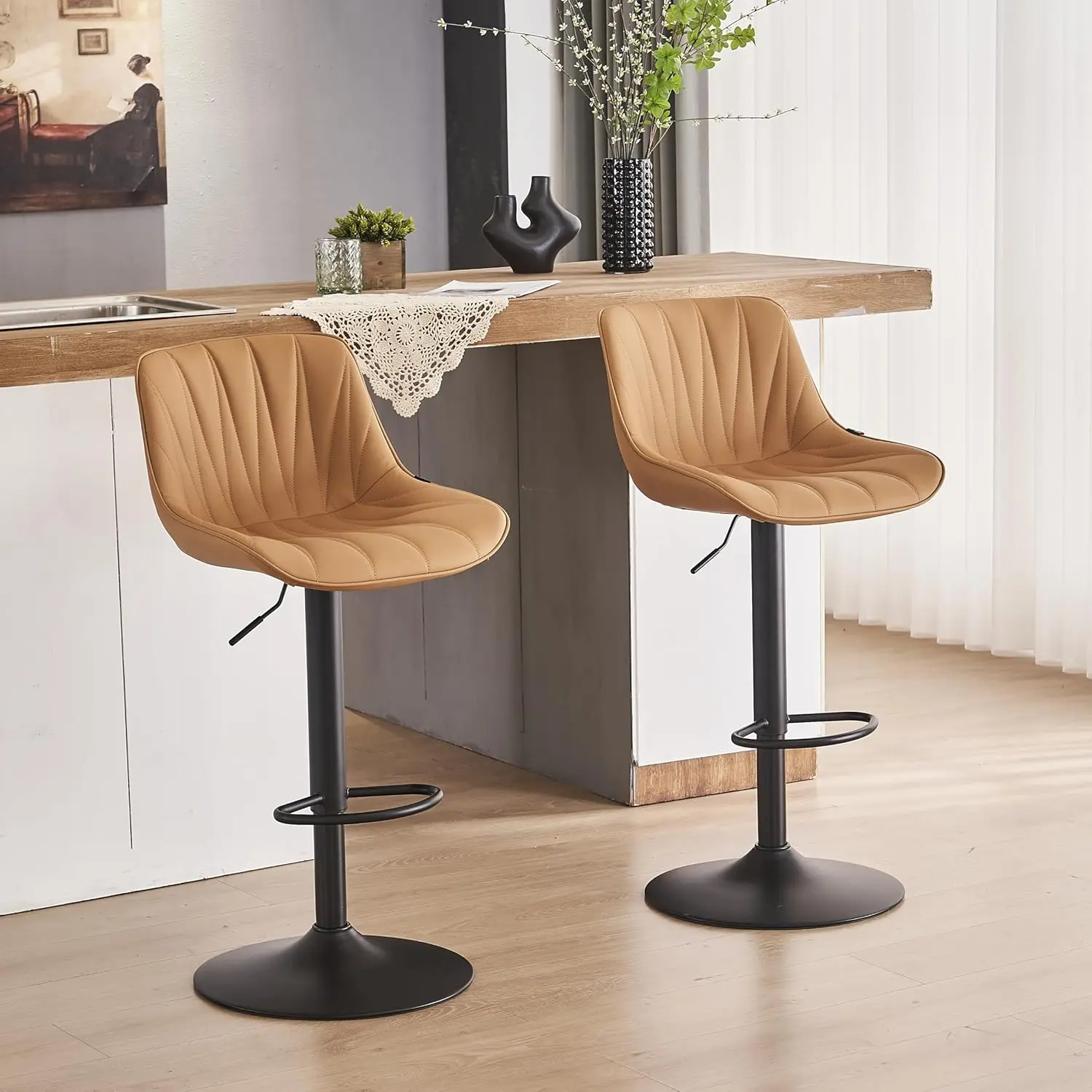

Saffron Bar Stools Set of 2, Tan Swivel Barstools for Kitchen Island, Adjustable Leather Padded Bar