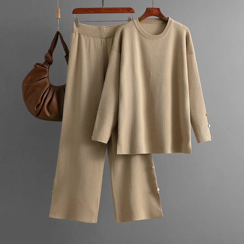 สบายๆหลวมแขนยาวถักเสื้อกันหนาวยาวPullover Elasticเอวกางเกง 2 ชิ้นแฟชั่นชุดฤดูหนาวผู้หญิงชุดB802