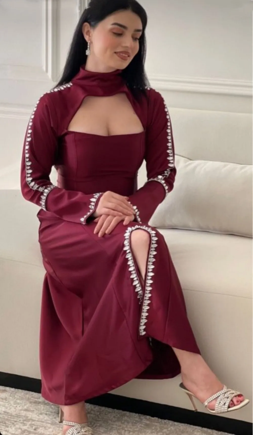 

Fashionvane Front Slit Prom Dresses Saudi Arabia Women Wear High Collar Keyhole Rhinestone Long Sleeves Evening Formal Gowns