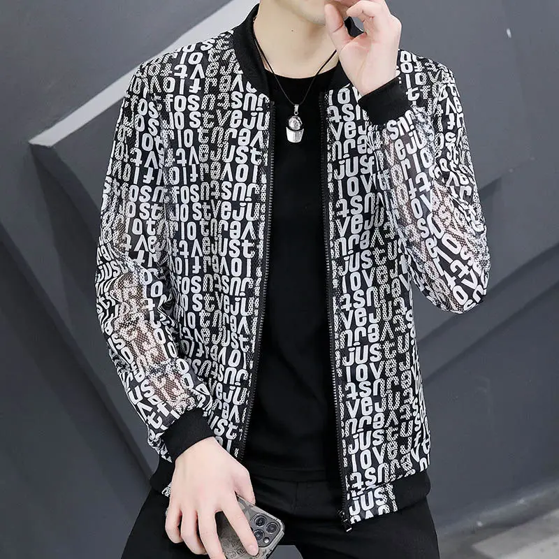 Spring Summer New Thin Style Sunscreen Clothing Man Fashion Printing Long Sleeve Cardigan Men Round Neck Zipper Hollow Out Coat