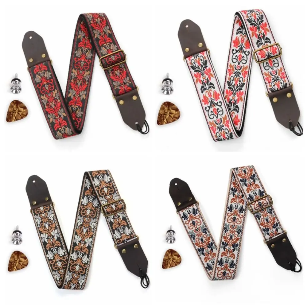 Vintage Flowers Embroidered Guitar Strap Tail Nail Pick Adjustable Guitar Strap Belt Leather Head Ultra Thick