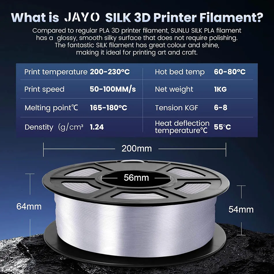 JAYO filamen sutra PLA + 1.75mm, filamen sutra PLA Plus 1.1KG halus permukaan mengkilap filamen 3D cocok untuk printer FDM