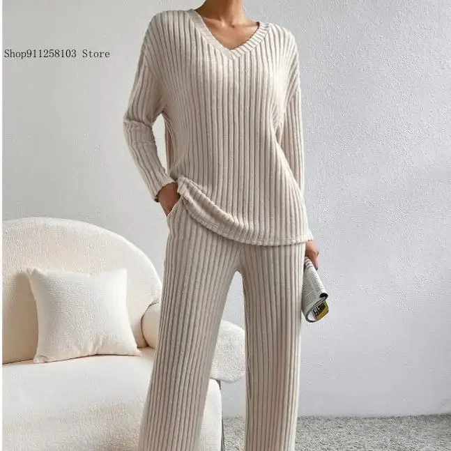 Spring and Autumn Casual Straight Leg Pants with Loose V-Neck and Pit Stripe Knit Sweater Pants Two-Piece Set for Women
