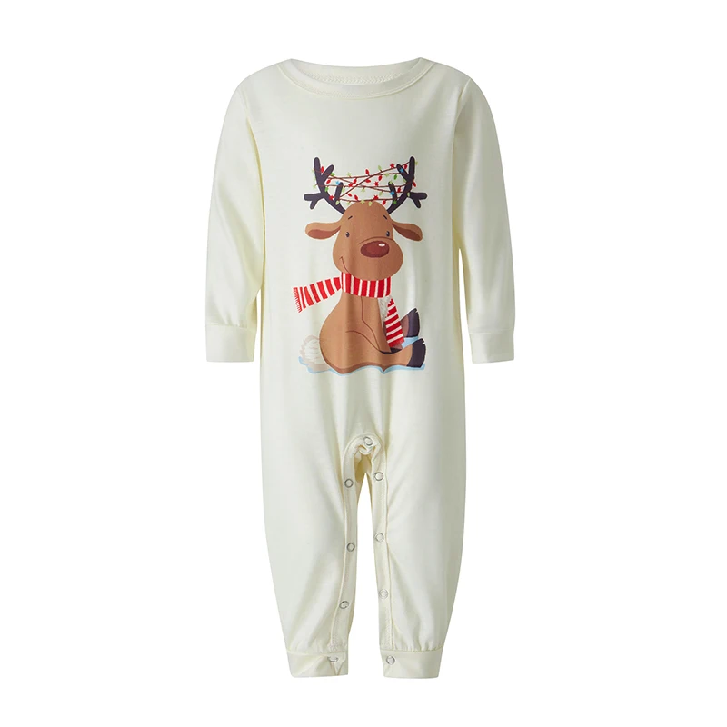 Family Christmas Pajamas Matching Set Elk Print Long-Sleeve Tops with Plaid Pants Sleepwear Set for Adult Kid Baby Dog