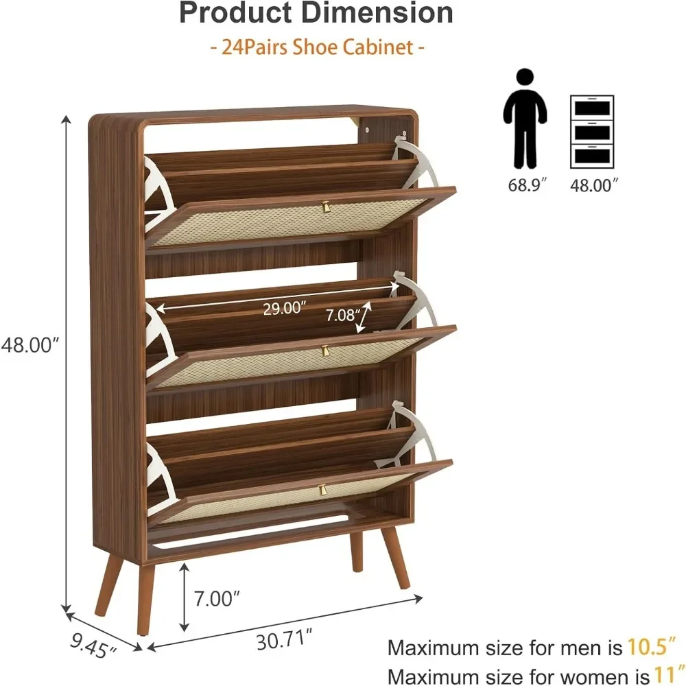 Rattan Shoe Cabinet with 3 Flip Drawers Set of 2，48 Pairs Shoe Storage Cabinet for Entryway Freestanding Hidden Shoe Rack，Walnut