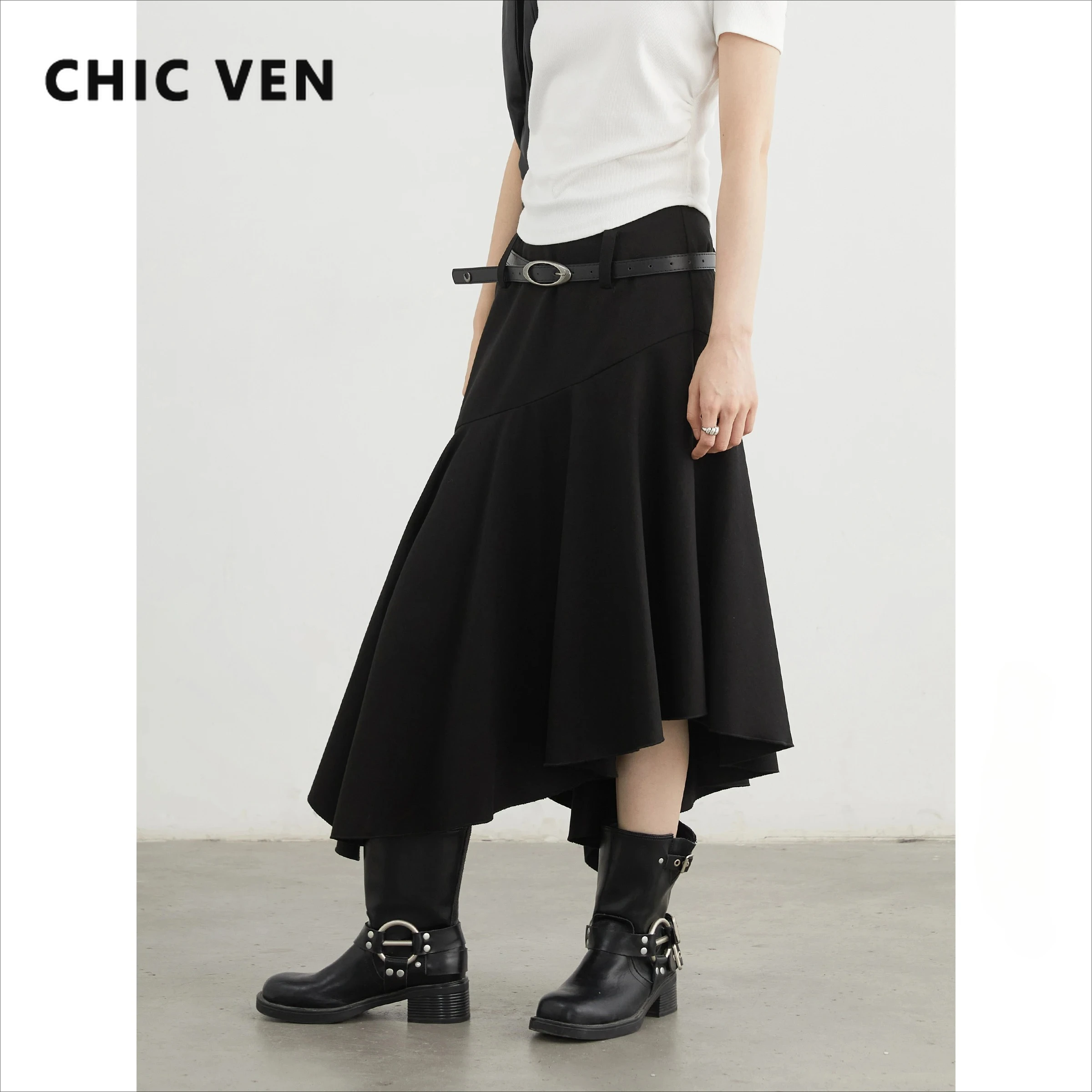 CHIC VEN Women Skirts Korean Solid Loose Irregular Hem Fish Tail Side Slit Skirt Female Clothing Spring Summer New 2025