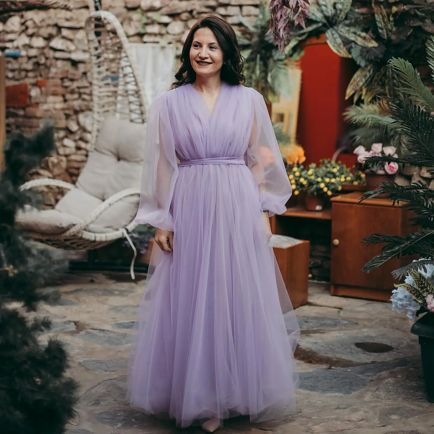 ชุดเดรสออกงานสำหรับหญิงตั้งครรภ์ผ้าทูลสีม่วง สำหรับถ่ายภาพ ชุดคลุมเจ้าสาวแขนยาวเซ็กซี่ ชุดราตรี ชุดนอน สั่งตัดได้