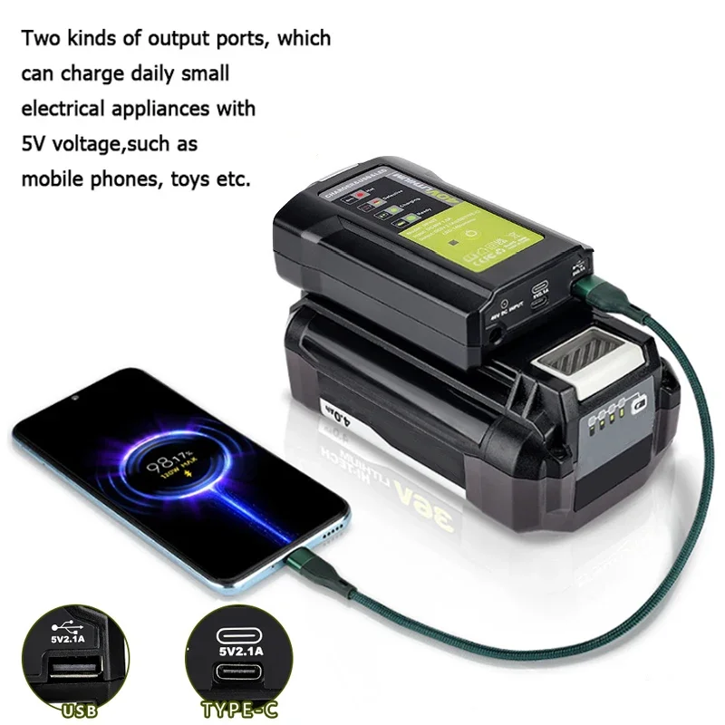 For Ryobi Power Adapter Charger Work light 36-40V Lithium Battery convert USB Type C 5V 2.1A With LED Lamp inverter