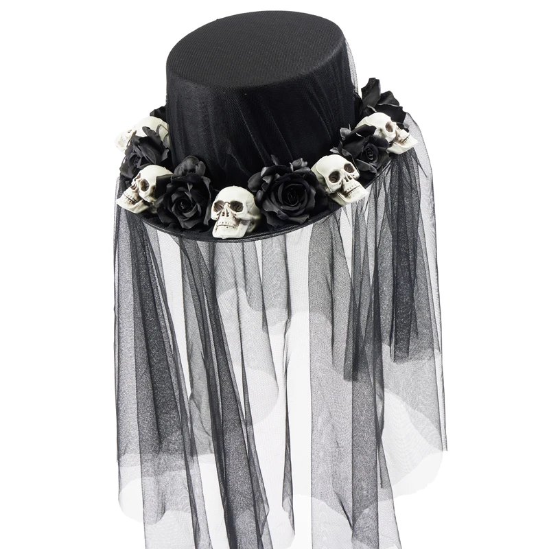 Handmade Black Veil Hat for Women Lolita Victorian Gothic Skull Rose Top Hat Party Fandy Dress Headwear