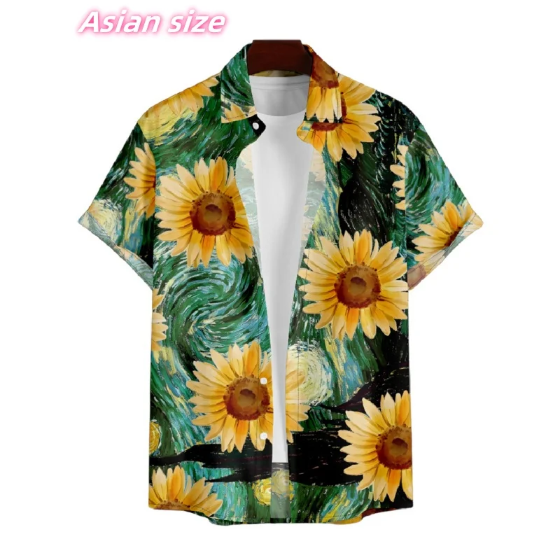 

Sunflower Cat Graphic Hawaiian Shirt For Men Colorful Flowers 3D Printed Short Sleeve Summer Street Aloha Shirts Lapel Blouse