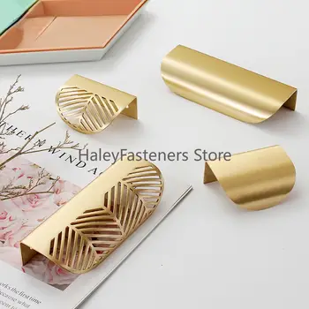 Úchytka ve tvaru listu, zlaté kartáčované duté úchytky, úchytka pro skříňky, zinková slitina 40mm/96mm, zlatá zásuvka se šrouby 10 nejlepší prodej úchytky a knoflíky zásuvek v kartáčované zlaté barvě - №5