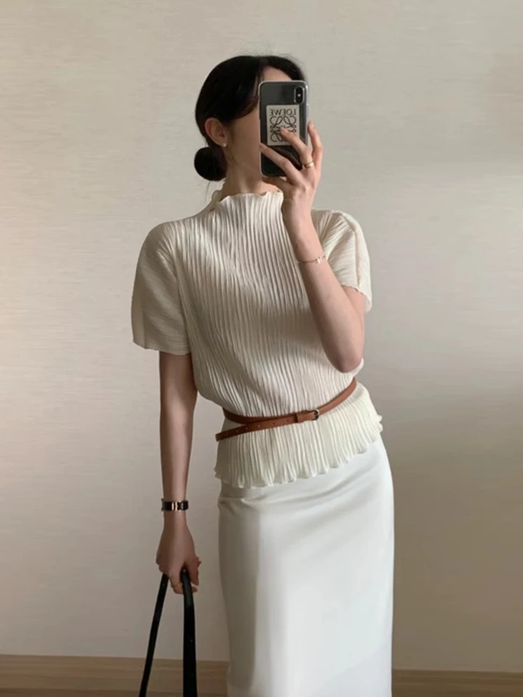 

Ele Summer Slim Fit ort Sve irt Waist Cinching High Collar Design Versatile Belt Included Chic Pure Color Top
