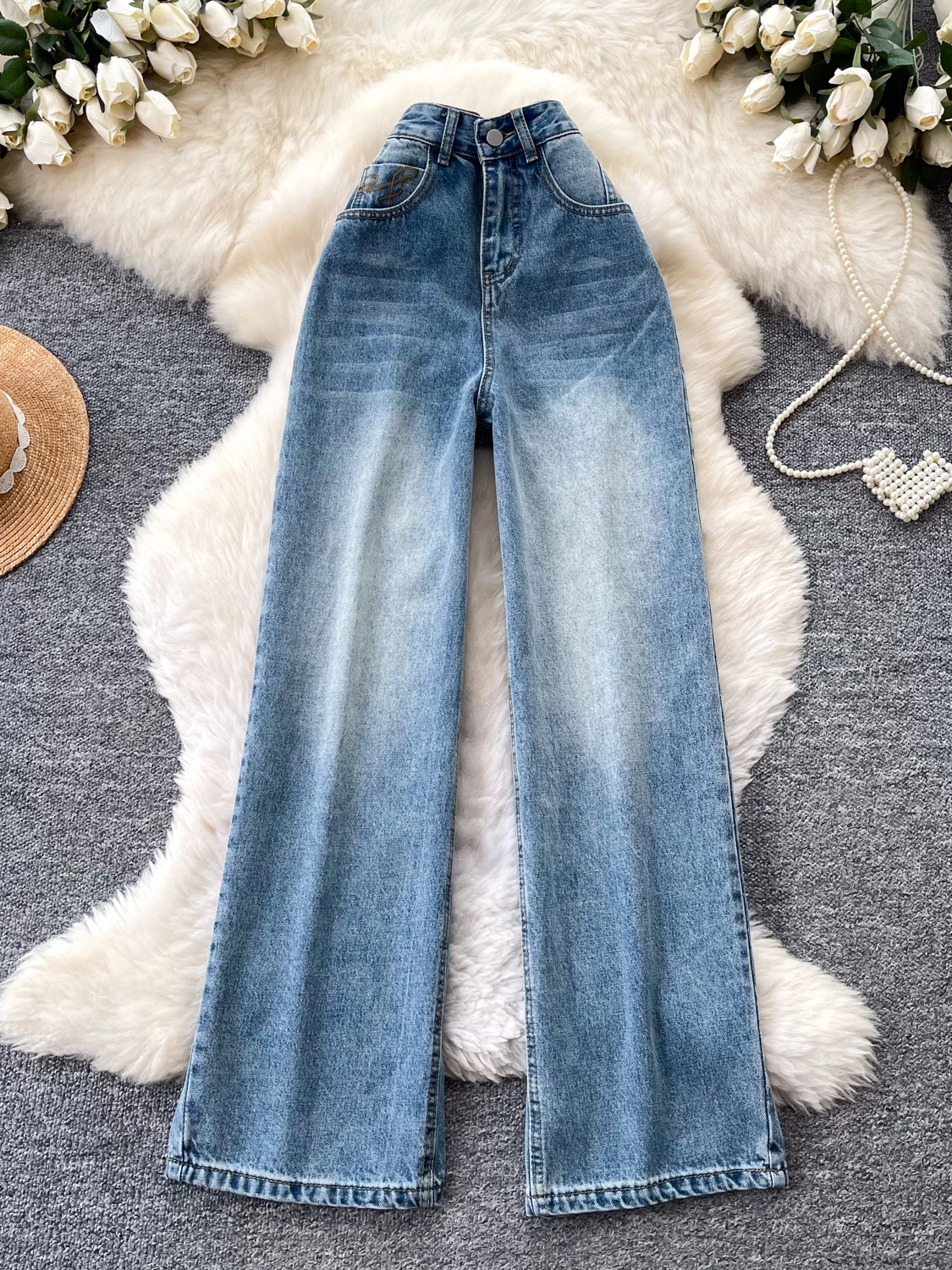 

American Retro High Waist Wide Leg Jeans Women's Loose Slimming Embroidered Long Pants Casual Versatile Spring 2026