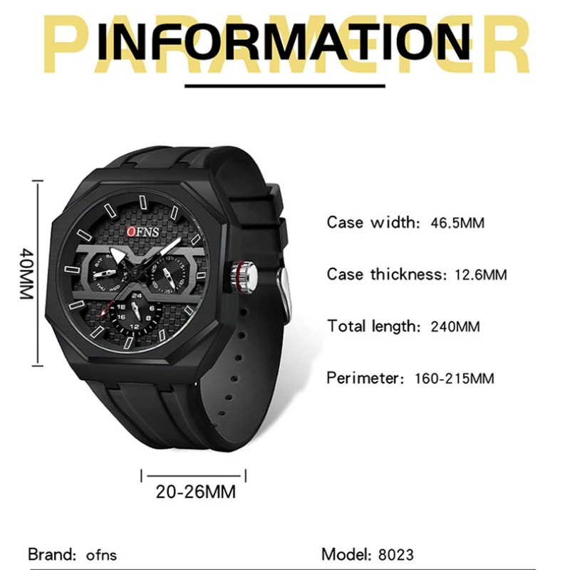 OFNS 8023 موضة العلامة التجارية ساعة كوارتز رجالية بسيطة ثلاثة عين ستة إبرة عصرية مقاوم للماء ساعات عادية للرجل reloj hombre