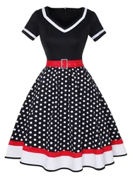 Vintage 50s 60 damska sukienka imprezowa 2024 nowa Retro z paskiem nadruk w kropki Polka z krótkim rękawem Hepburn szata Pin Up sukienki Rockabilly