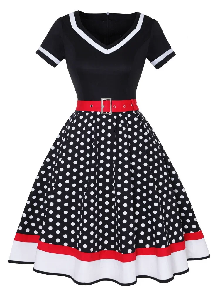 Vintage 50s 60s Women's Party Dress 2024 New Retro With Belt Polka Dot Print Short Sleeve Hepburn Robe Pin Up Rockabilly Dresses
