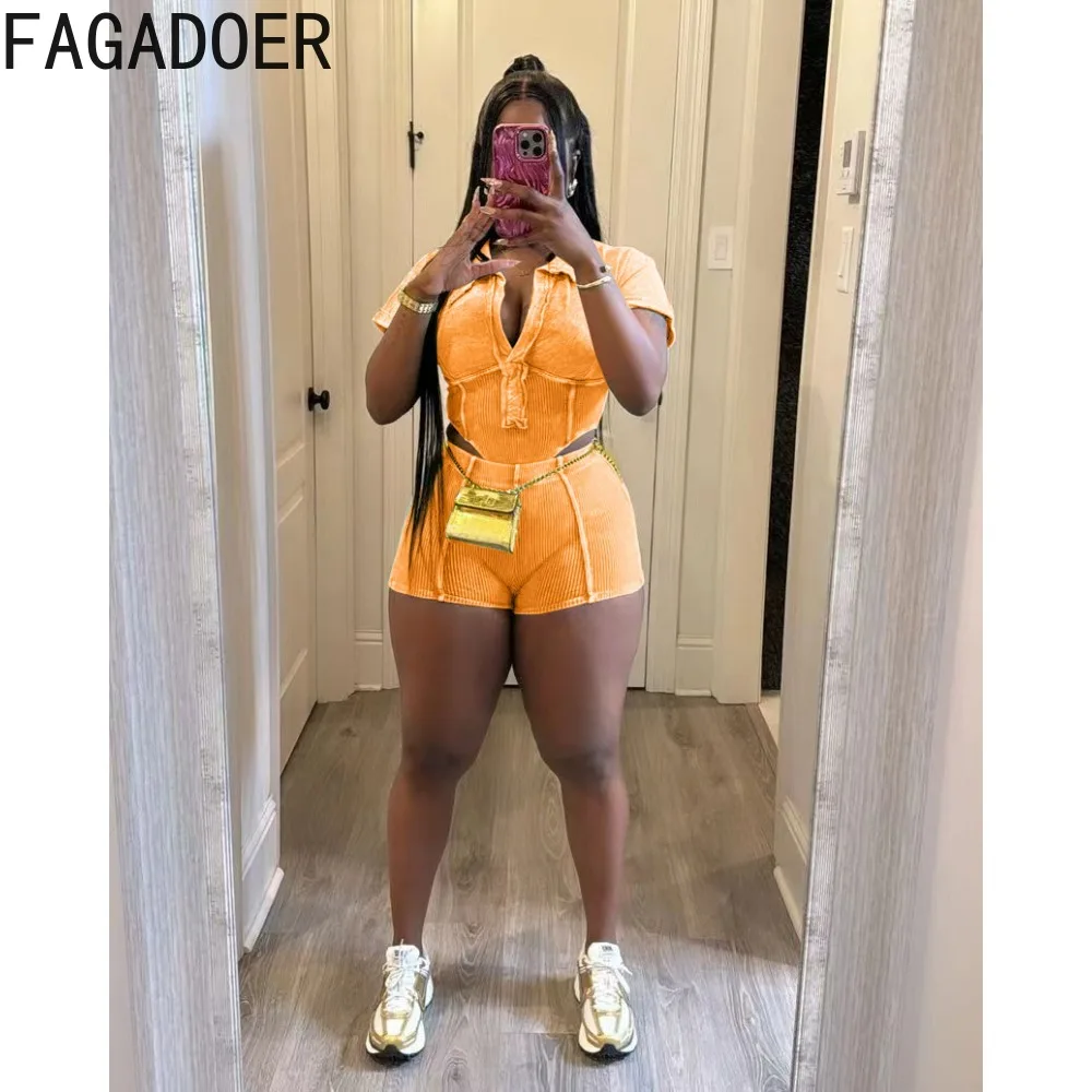 FAGADOER Fashion High Quality Ribber Two Piece Sets Women Deep V Short Sleeve Crop Top And Shorts Outfits Female 2pcs Clothing