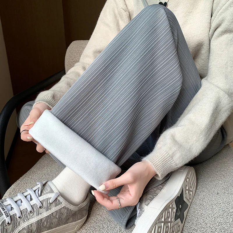 Winter Velvet Women's Casual Pants Warm Thickened Straight Pants High Waist Khaki Fashion Striped Wide Leg Pants Street College