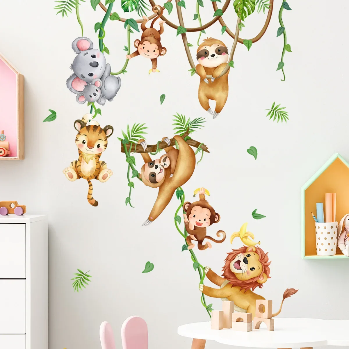 Cartoon Jungle Animal Monkeys Wall Stickers Kids Room Boys Bedroom Living Room Wall Decor Vinyl Zoo Children Wall Decals Nursery
