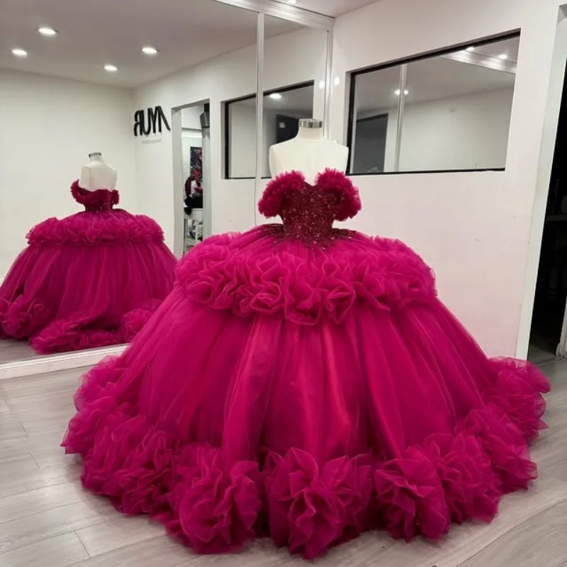 

rose pink Off Shoulder Quinceanera Dress Tull crystal applique Long tail Lace ruffles vestidos de 15 Quinceanera Customized