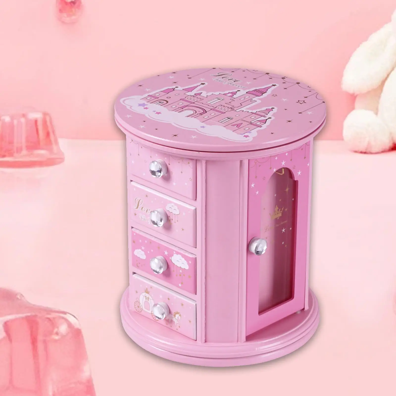 Pink Castle Jewelry Box Wooden Lightweight Multiuse for Dorm Bedroom Desktop