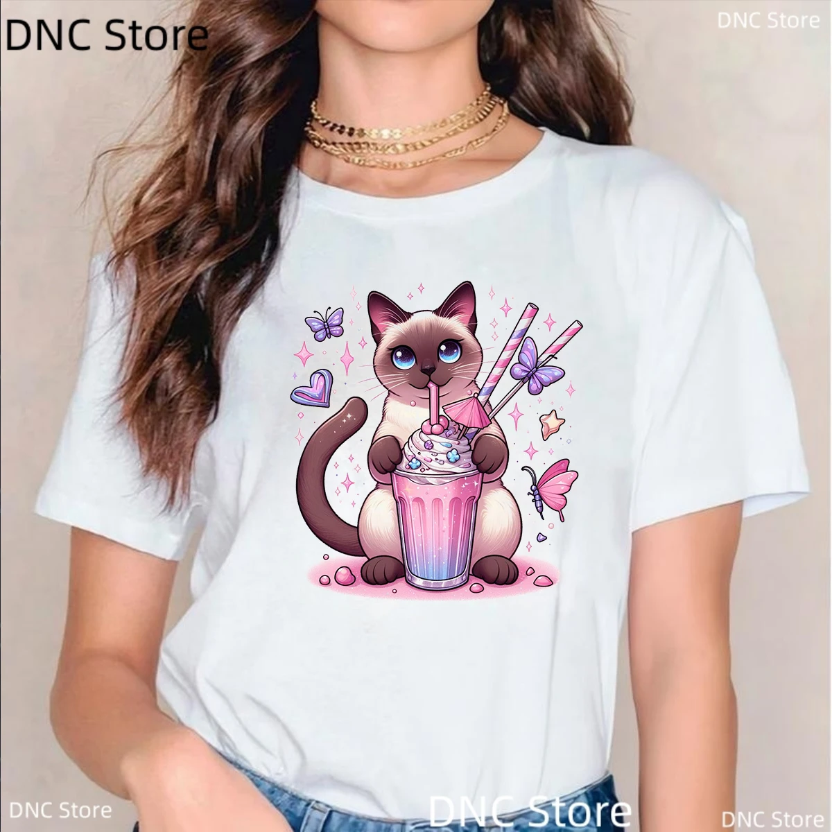 Tee Shirt Femme Funny Cat Summer Drink Donut Graphic Print Tshirt For Women Goth Style Women Clothes 2024 Fashion Kawaii T-Shirt