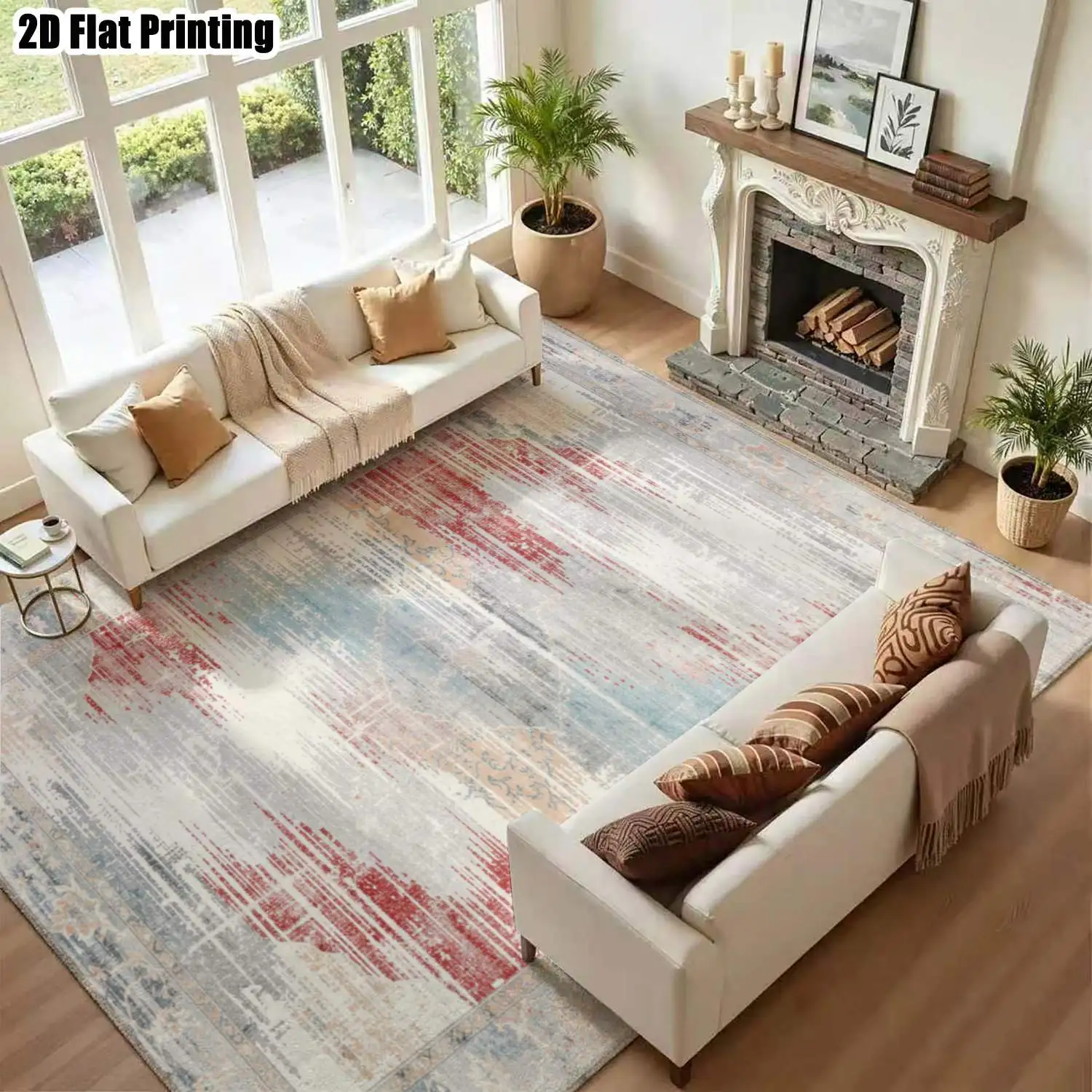 1Pc 2D Printed Carpet: Red, Gray, Blue Abstract Art Patterns Nordic, Modern Minimalist, Instagram, European, Vintage Styles, Multi-Size, Machine Washable, for Living Room, Bedroom, Dining Room, Entryway, Study Home Decor.
