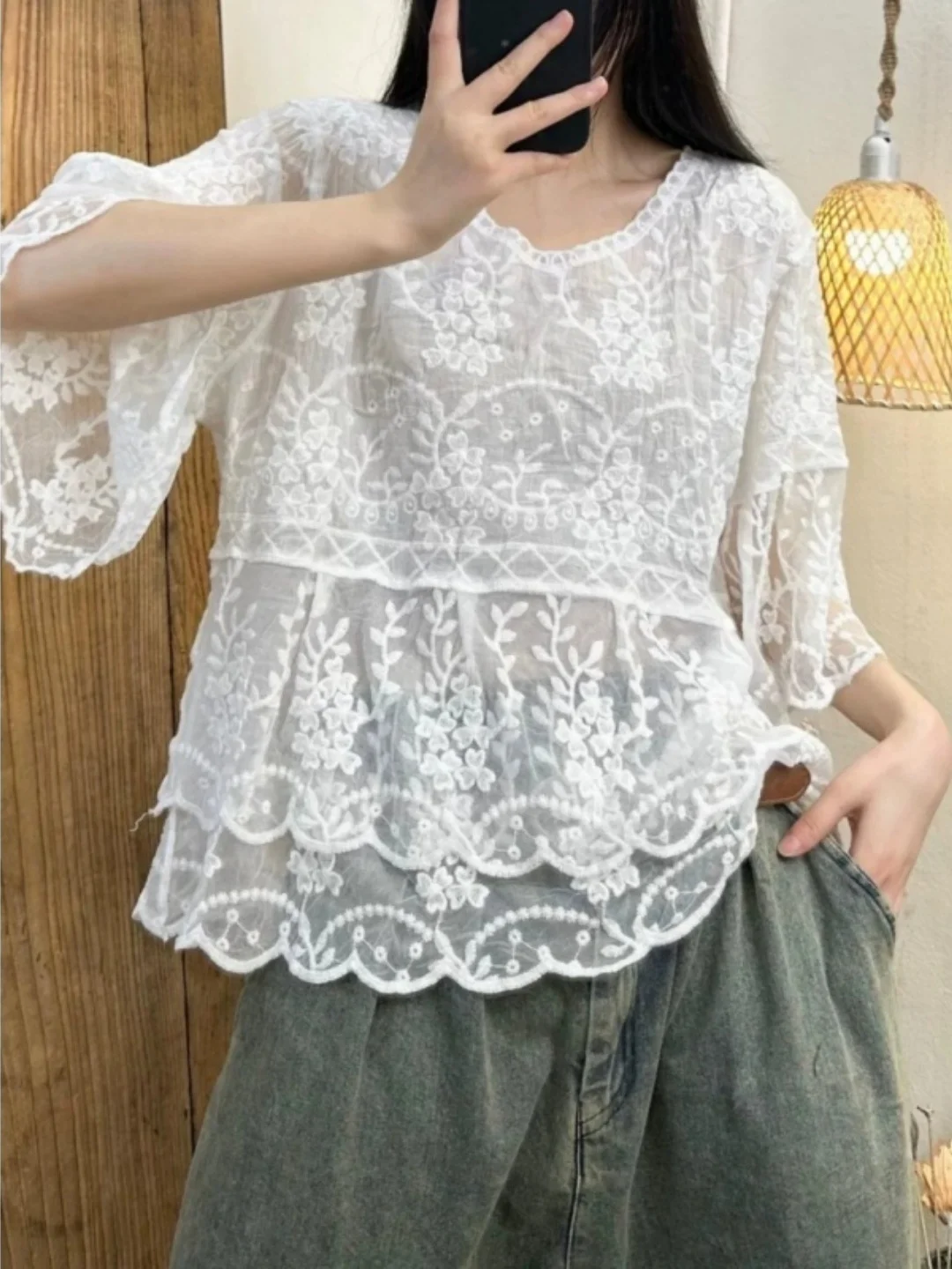 Retro Style Lace Shirt Hollow out V-Neck Seven Sleeve Splicing Hemline Elegant Versatile Loose Fit Women's Top