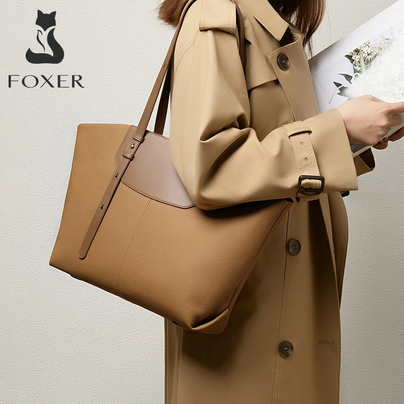 Женская сумка FOXER из натуральной кожи, вместительная сумочка-тоут на плечо, сумка из воловьей кожи для поездок