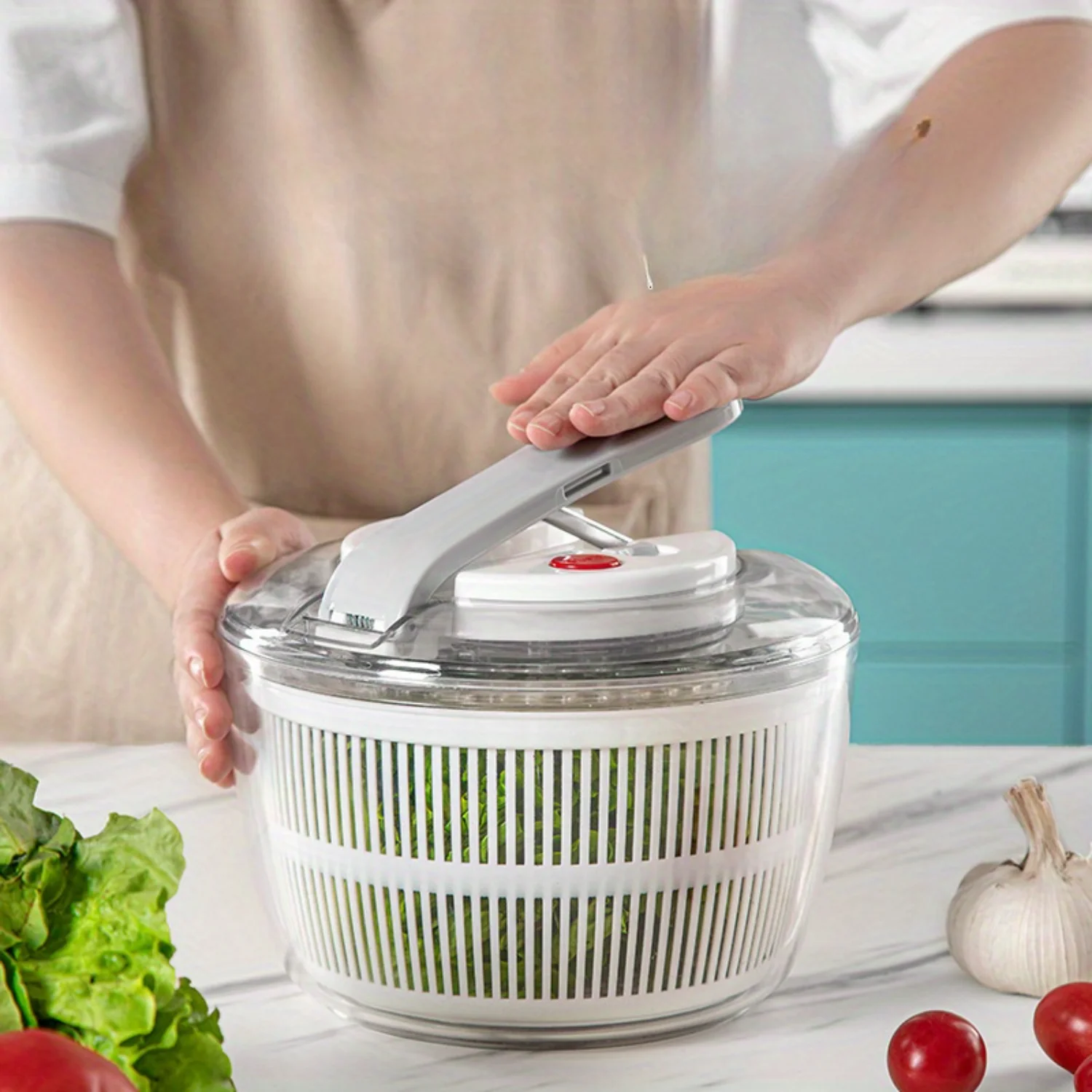 

1pc, Large Capacity Salad Spinner Dehydrator - Efficient Manual Fruit and Vegetable Dryer with Effortless Water Draining System